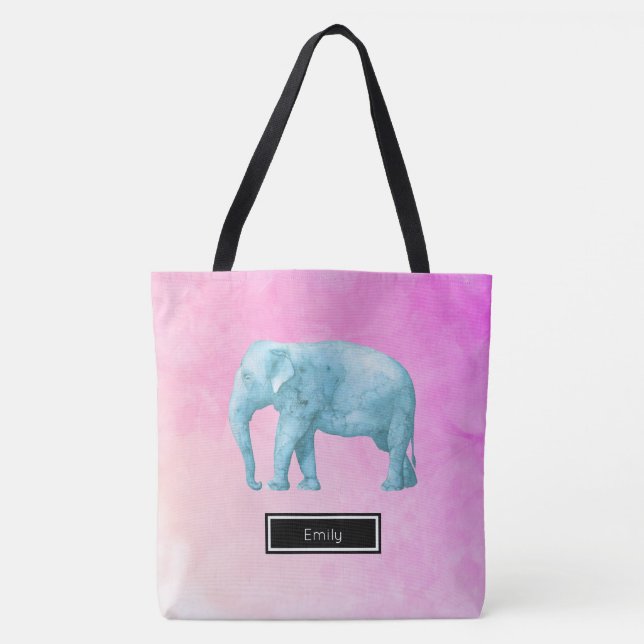 Tote Bag Eléphant Sur Aquarelle Rose Personnalisé (Devant)
