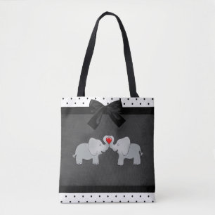Tote Bag Eléphants adorables mignons, Pois, Bow noir