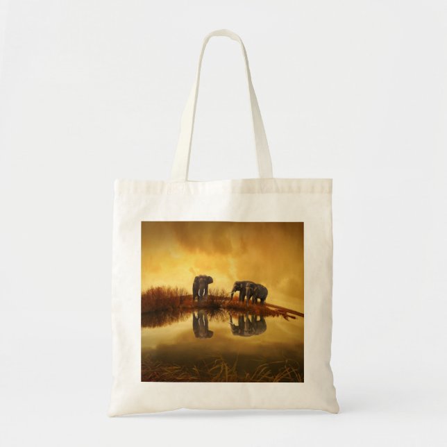 Tote Bag Eléphants asiatiques en Thaïlande sous un coucher  (Devant)