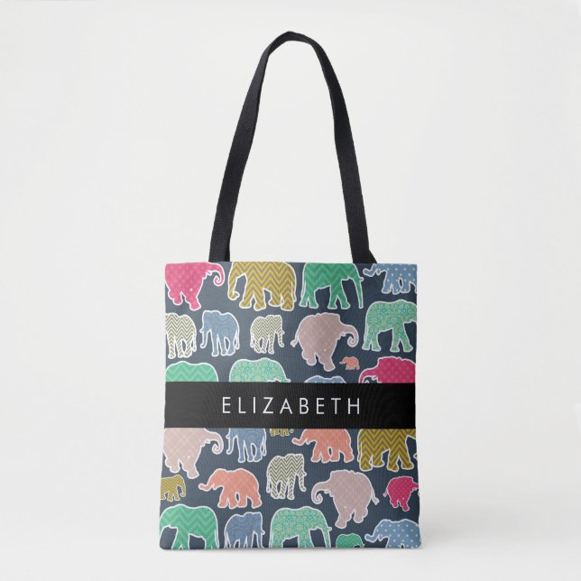 Tote Bag Eléphants colorés, Motif d'éléphants, Votre nom (Devant)