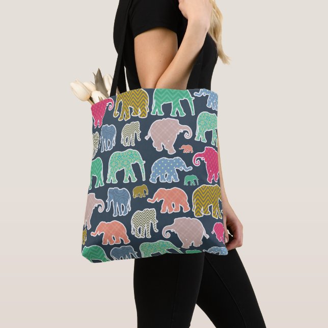 Tote Bag Eléphants Colorés, Motif Des Eléphants, Zigzag (De près)