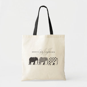 Tote Bag Eléphants , Motif noir et blanc Nom du monogramme