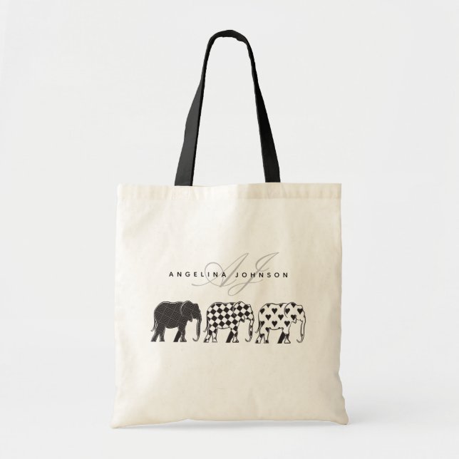 Tote Bag Eléphants , Motif noir et blanc Nom du monogramme (Devant)