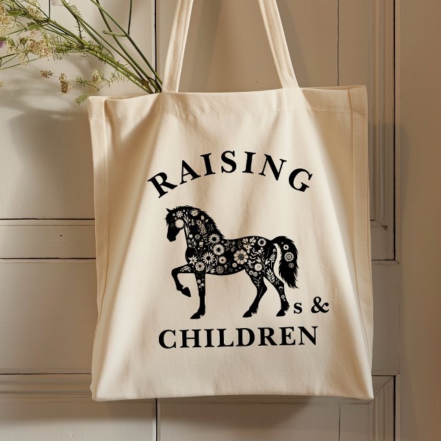 Tote Bag Élevage Chevaux & Enfants Fleur sauvage équestre (Raising horses and children tote bag for horse lovers.)