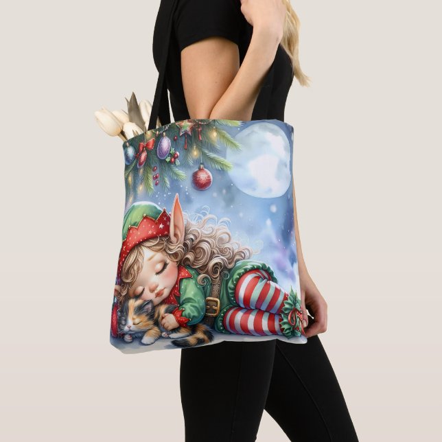 Tote Bag Elfe de Noël couché avec Calico Kitten (De près)