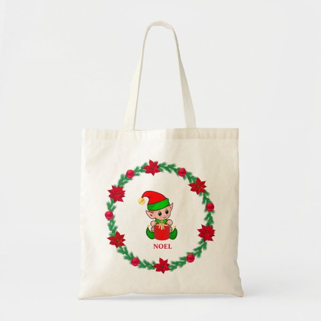 Tote Bag elfe de Noël, couronne de pin et poinsettias (Devant)