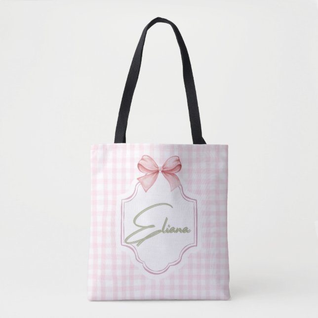 Tote Bag Eliana Personnalisé Pink Bow & En vichy Imprimer (Devant)
