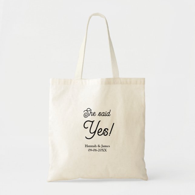 Tote Bag Elle a dit oui fête de fiançailles nom date simple (Devant)