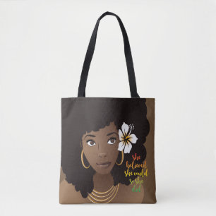 Tote Bag Elle Croyait Pouvoir, Femme Noire, Fleur, Brown