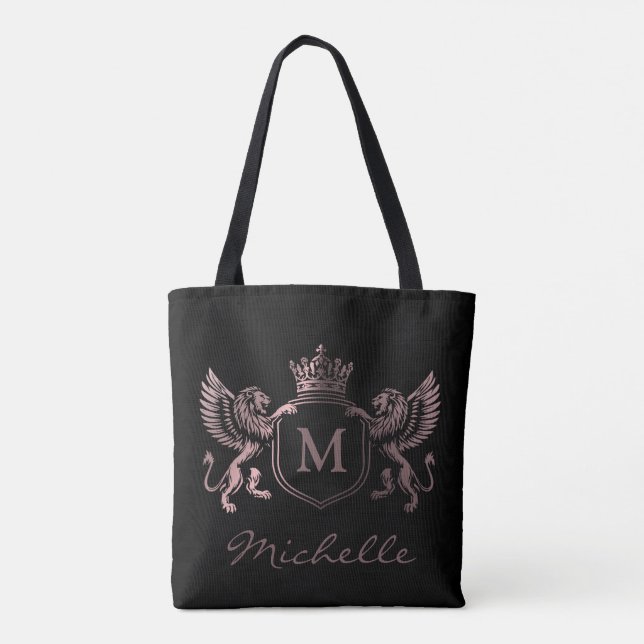 Tote Bag Emblème de couronne royale Lions Monogramme Script (Dos)