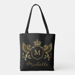 Tote Bag Emblème de couronne royale Lions Monogramme Script