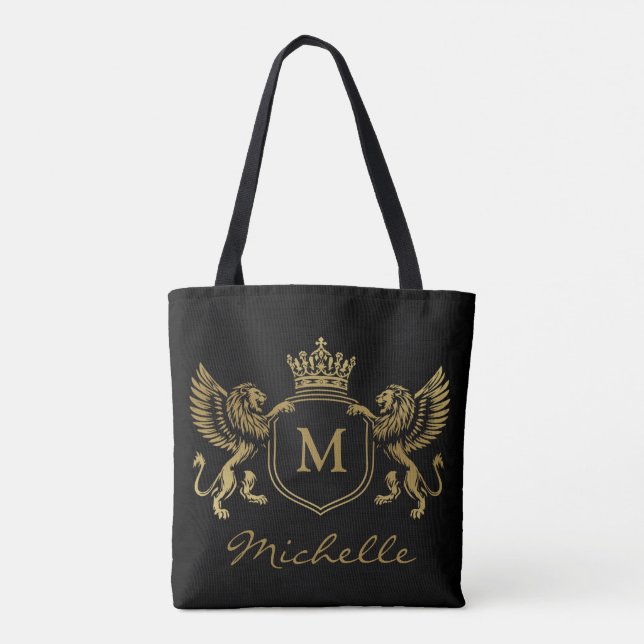 Tote Bag Emblème de couronne royale Lions Monogramme Script (Dos)