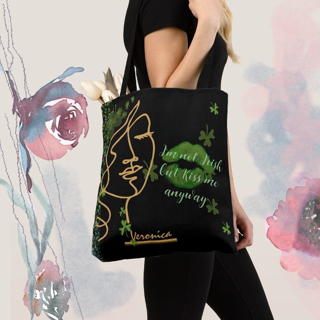Tote Bag Embrasse-moi Shamrock noir (Kiss me Shamrock black Tote Bag , cute St Patrick's Day gift for her )