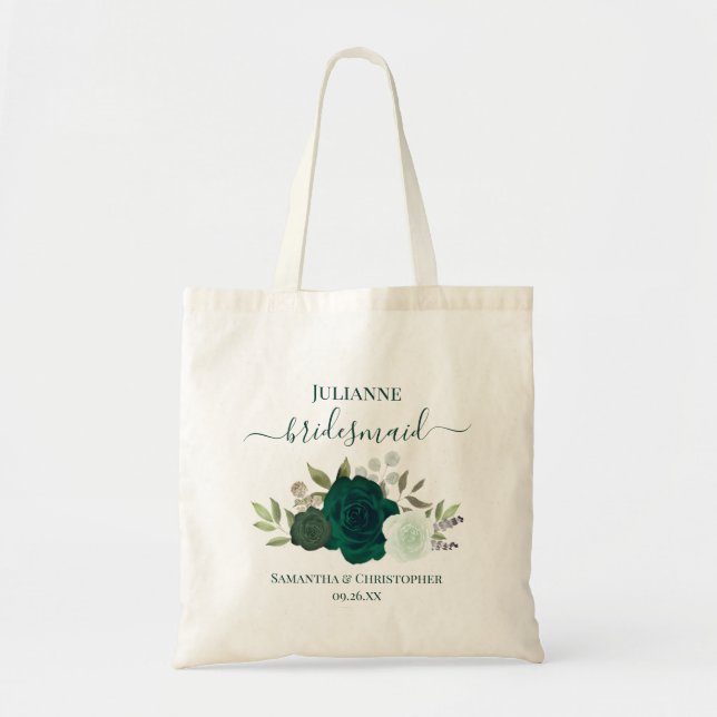 Tote Bag Emerald Green Boho Roses Bridesmaid Wedding Favor (Devant)