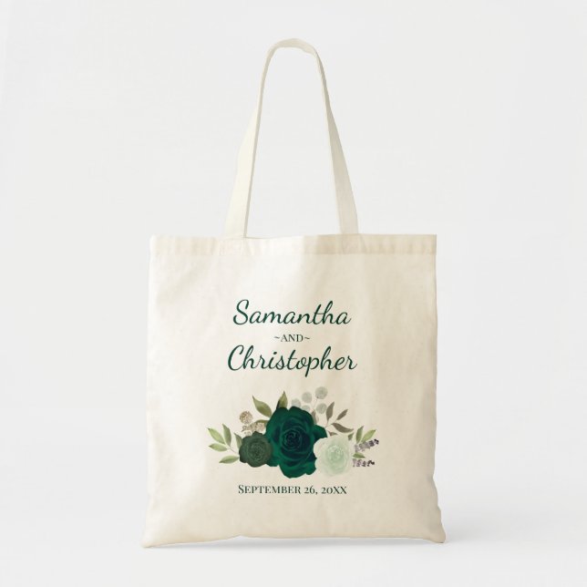 Tote Bag Emerald Green Boho Roses Couple's Names Wedding  (Devant)