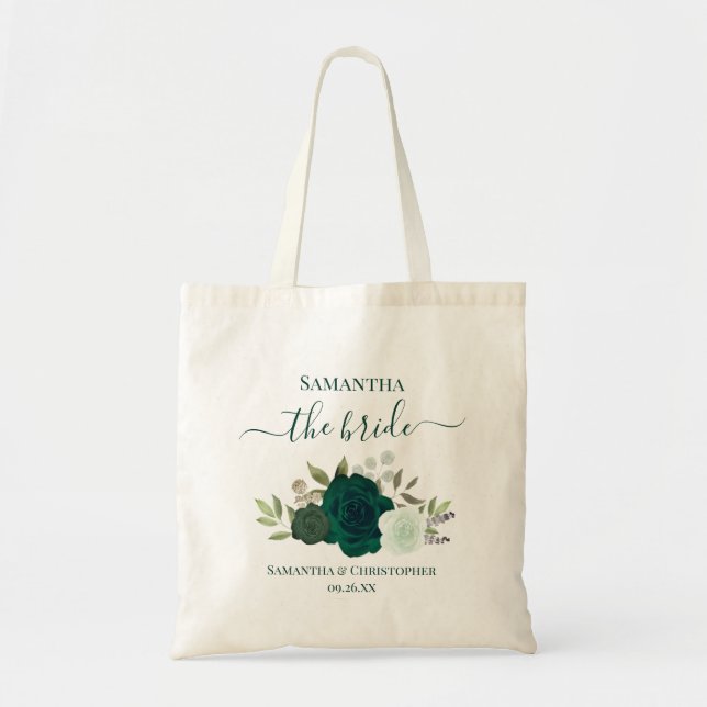Tote Bag Emerald Green Boho Roses Elegant Bride Wedding (Devant)