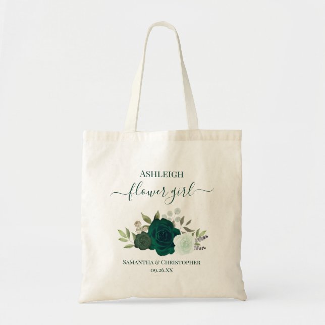 Tote Bag Emerald Green Roses Elegant Flower Girl Wedding (Devant)