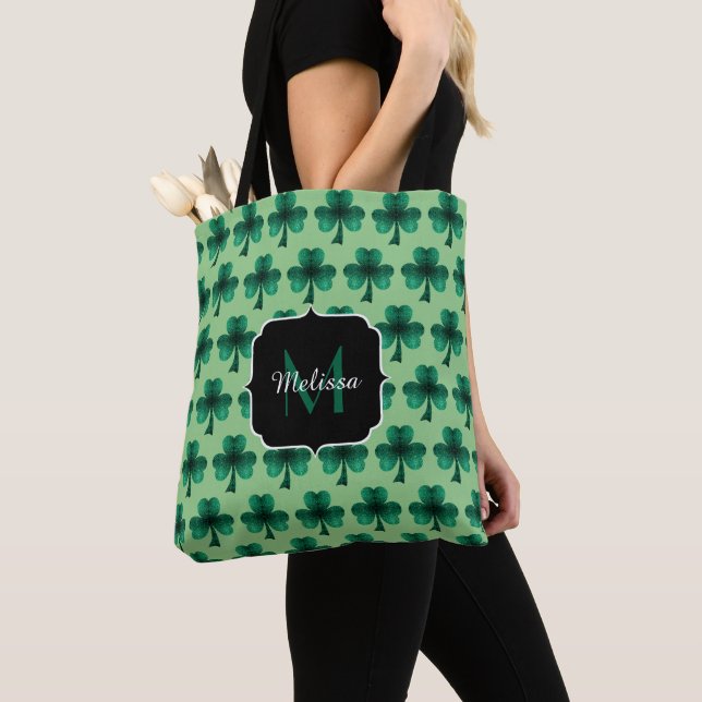 Tote Bag Emerald Green Sparkle Shamrock St Patrick Monogram (De près)