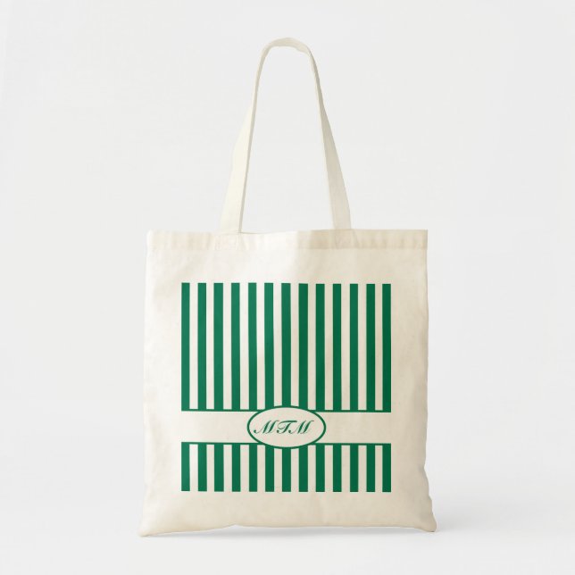 Tote Bag Émeraude à rayures automnales avec monogramme (Devant)