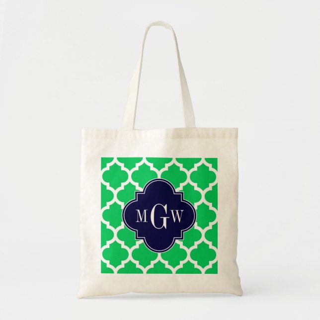 Tote Bag Émeraude Blanc Marocain #5 Navy 3 Initial Monogram (Devant)
