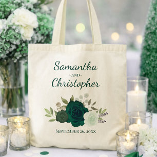 Tote Bag Émeraude Vert Bohème Roses Noms de Couple Mariage