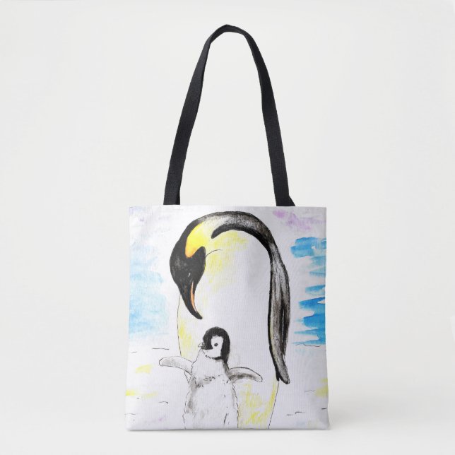 Tote Bag Emperor Penguin and Chick Watercolor Painting (Devant)