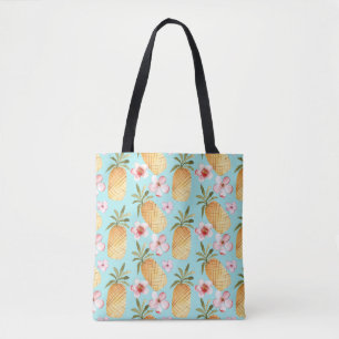 Tote Bag Empreinte d'ananas rétro tropicale sur turquoise