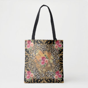 Tote Bag empreinte de léopard avec rose et parties scintill