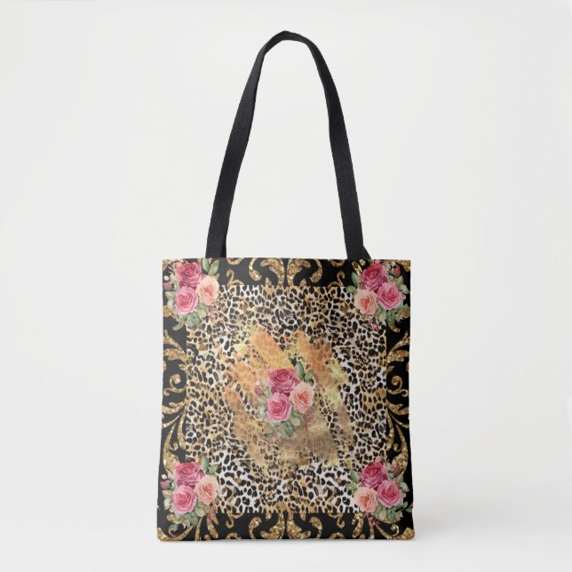 Tote Bag empreinte de léopard avec rose et parties scintill (Devant)
