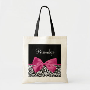 Tote Bag Empreinte de léopard en ruban rose foncé avec nom
