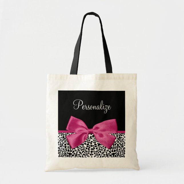 Tote Bag Empreinte de léopard en ruban rose foncé avec nom (Devant)