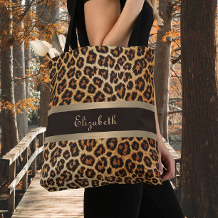 Tote Bag Empreinte de léopard Motif Brown et Gold Stripe No