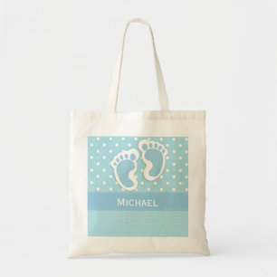 Tote Bag Empreinte de pas et nom bleus de point de polka de