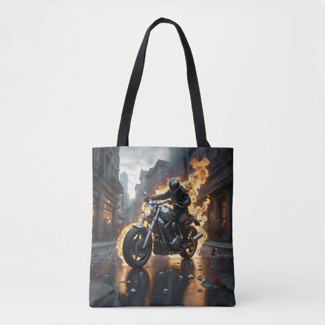 Tote Bag Empreintes captivantes avec motard entouré de flam (Devant)