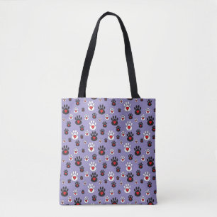 Tote Bag Empreintes de pattes aux coeurs rouges sur bleu