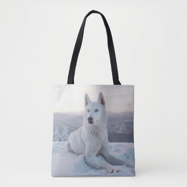 Tote Bag Enchanter le Chien Husky Blanc dans la neige (Devant)