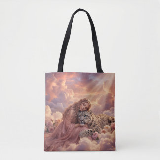 Tote Bag Enchanting Woman & Snow Leopard Cloud Fantasy Art 