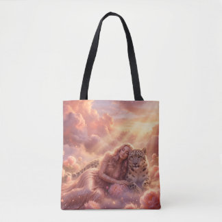Tote Bag Enchanting Woman & Snow Leopard in Dreamy Clouds T