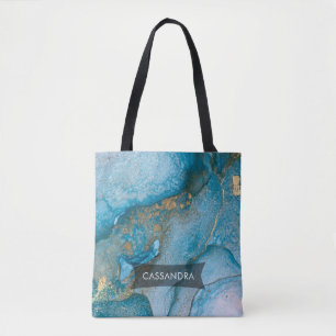 Tote Bag Encre d'alcool turquoise et or Art Abstrait liquid