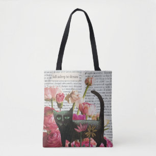 Tote Bag Endormez-vous pour rêver Chat noir Fleurs roses ch