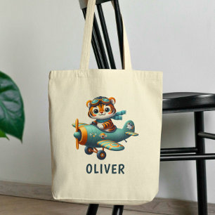 Tote Bag Enfant Tigre Mignon Pilotant un Avion Personnalisé