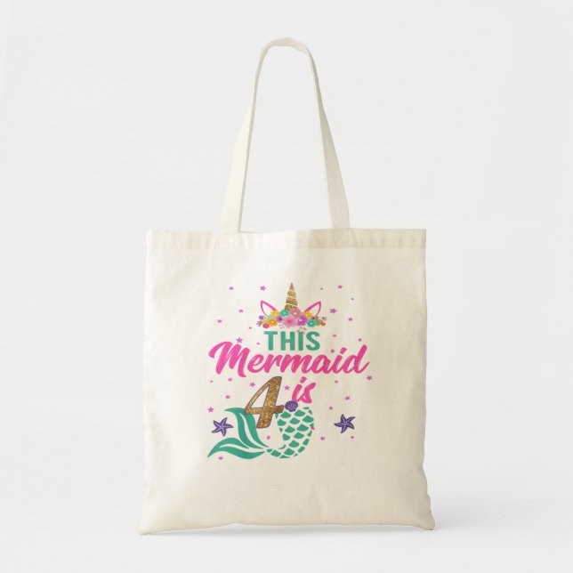 Tote Bag Enfants 4e anniversaire fille Unicorn Mermaid Queu (Devant)