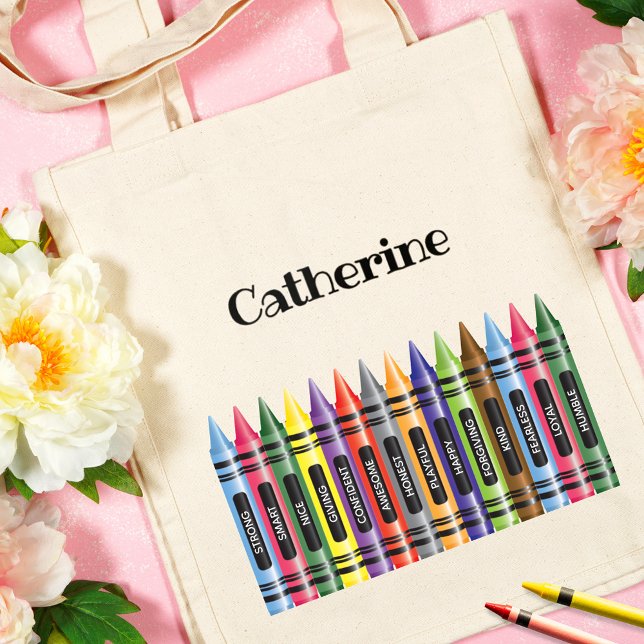 Tote Bag Enfants Crayon Rose Vert Pensées positives École (Créateur téléchargé)