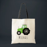 Tote Bag Enfants Cute Boys Green Farm Tracteur et nom<br><div class="desc">Le sac fourre-tout de ce mignon garçon sur le thème de la ferme comporte une caricature verte tracteur et a un endroit pour vous d'ajouter le nom de votre enfant/bébé dans une belle typographie. Parfait pour servir de sac pour votre petit garçon, ou comme simple sac de couche pour une...</div>