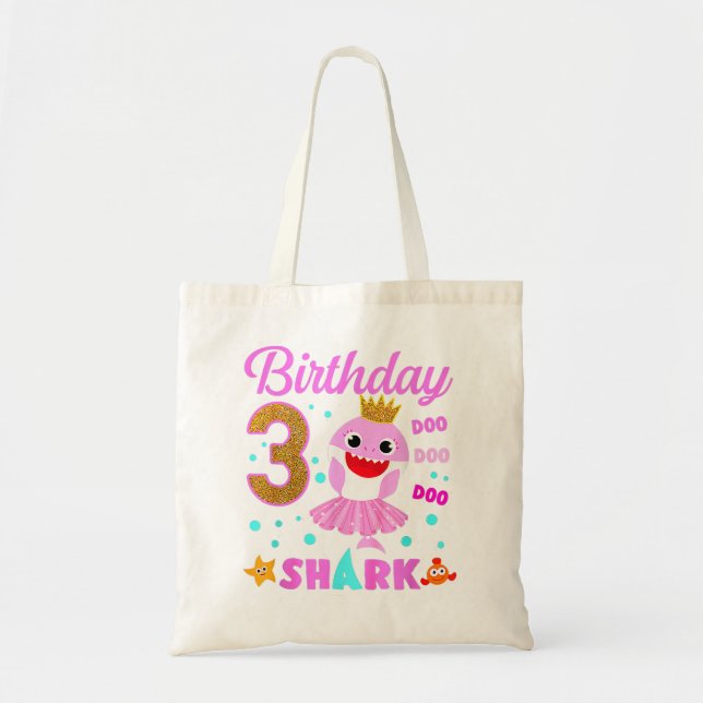 Tote Bag Enfants d'anniversaire Enfants requin 3e fille 3 a (Devant)