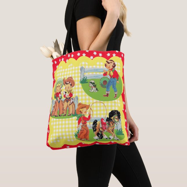 Tote Bag Enfants de cowboy et de cow-girl avec le chien et (De près)