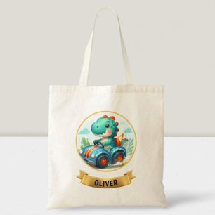 Tote Bag Enfants Dino Mignon Conduisant une Voiture de Cour