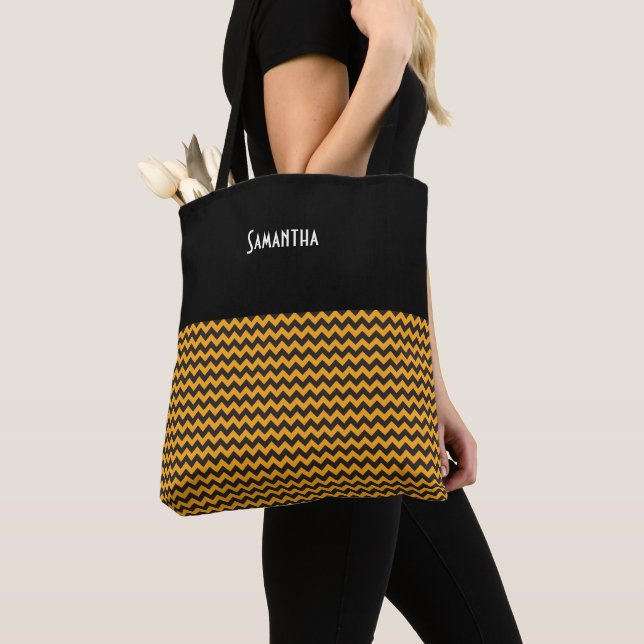 Tote Bag Enfants Halloween Chevron Orange Nom noir (De près)
