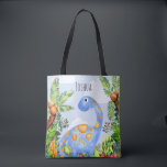 Tote Bag Enfants Jungle Aquarelle Dinosaur avec nom Garçons<br><div class="desc">Ce joli design présente un dinosaure bleu aquarelle peint à la main et la jungle, avec un arrière - plan bleu rayé au fond. Le sac peut être personnalisé avec le nom de votre garçon. Idéal pour une nouvelle maman pour utiliser comme sac de couche ou pour un enfant amateur...</div>