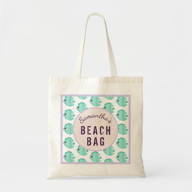 Tote Bag Enfants Nom personnalisé Fish Lilac & Plage Turquo (Devant)